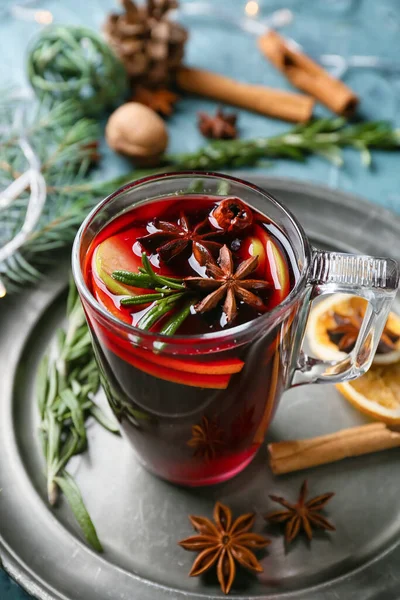 Cup Tasty Mulled Wine Table Closeup — Stock Photo, Image