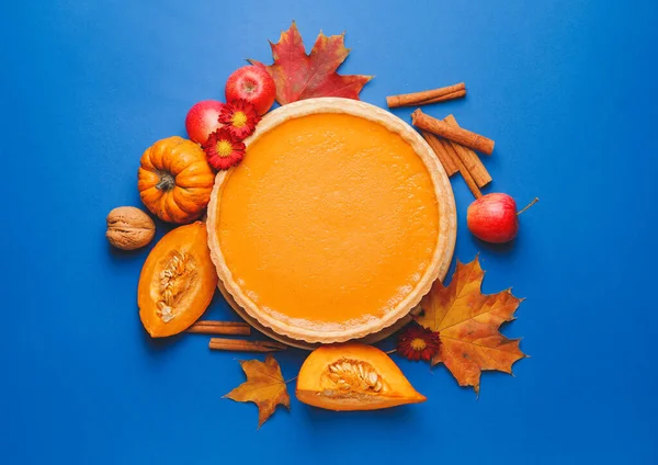 Composition Tasty Pumpkin Pie Color Background — Stock Photo, Image