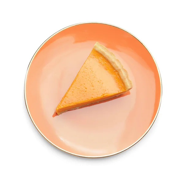 Plate Slice Tasty Pumpkin Pie White Background — Stock Photo, Image