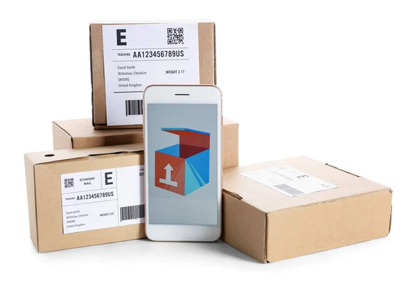 Mobile Phone Open Page Delivery Service Application Parcels White Background — Stock Photo, Image