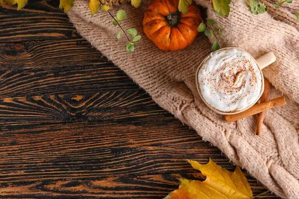 Composition Cup Pumpkin Cappuccino Wooden Background — Stock Photo, Image