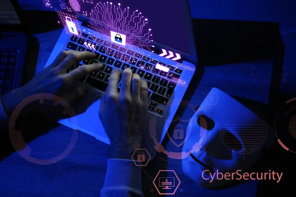 Professional Hacker Using Laptop Dark Room — Stock Photo, Image