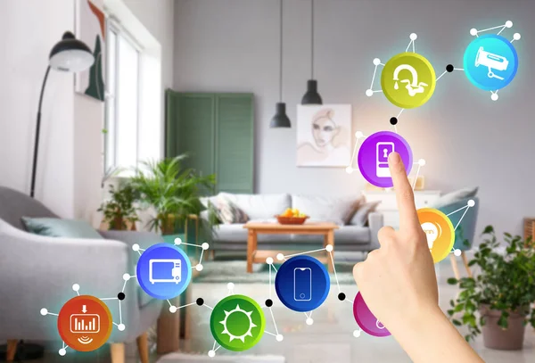 Woman Using Futuristic Interface Smart Home Automation Indoors — Stock Photo, Image