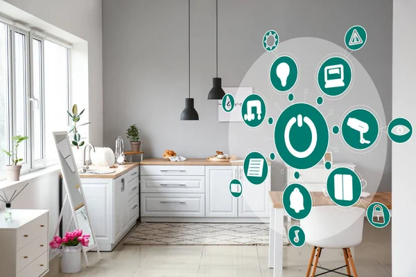 Futuristic interface of smart home automation and interior of kitchen