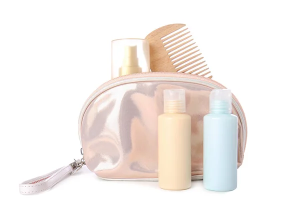 Set Travel Bottles Body Care Cosmetics Cosmetic Bag White Background — Stock Photo, Image