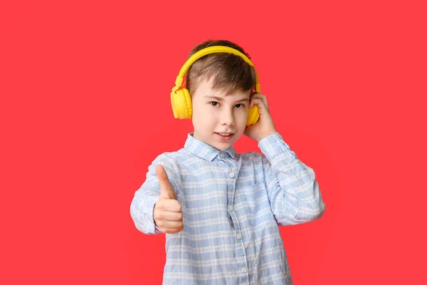 Cute Boy Headphones Showing Thumb Color Background — Stock Photo, Image