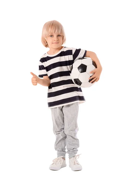 Roztomilý Malý Chlapec Fotbalovým Míčem Ukazující Palec Nahoru Bílém Pozadí — Stock fotografie