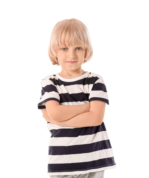 Cute Little Boy Crossed Arms White Background — Stock Photo, Image