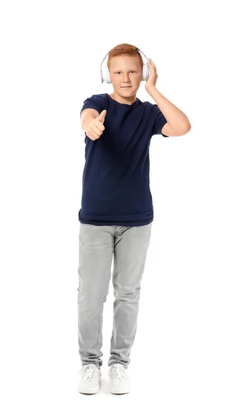 Teenage Boy Headphones Showing Thumb White Background — Stock Photo, Image