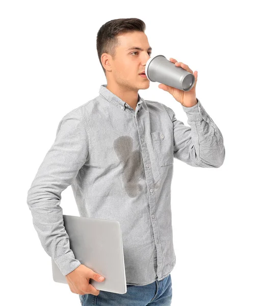 Young Man Stains His Shirt Drinks Coffee Holding Laptop White — Stock Photo, Image