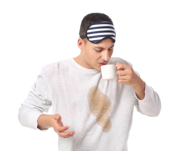 Young Man Coffee Stains His Pajama Top White Background — Stock Photo, Image