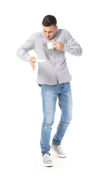 Giovane Stressato Con Macchie Caffè Sulla Camicia Sfondo Bianco — Foto Stock