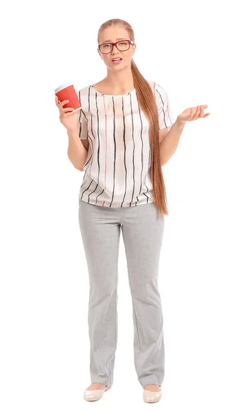 Troubled Young Woman Coffee Stains Her Shirt White Background — Stock Photo, Image