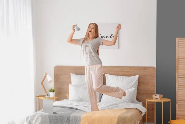 Young Woman Coffee Stains Her Shirt Bedroom — Stock Photo, Image