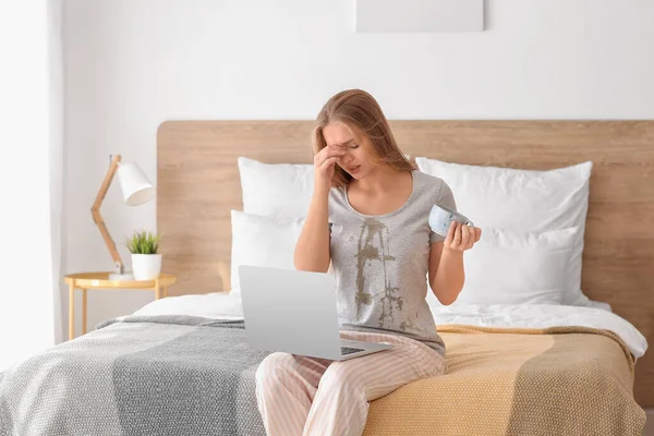 Troubled Young Woman Coffee Stains Her Shirt Bedroom — Stock Photo, Image