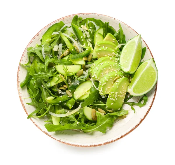 Bord Met Lekkere Arugula Salade Witte Achtergrond — Stockfoto