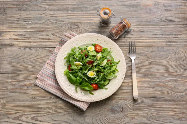Plate Tasty Arugula Salad Wooden Table — Stock Photo, Image