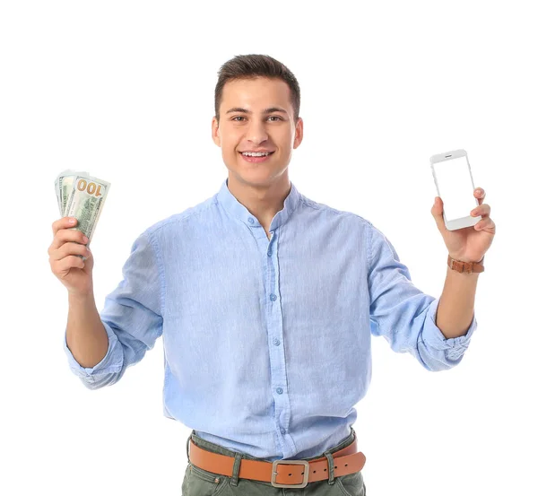 Jovem Com Telefone Celular Dinheiro Fundo Branco Conceito Aposta Desportiva — Fotografia de Stock