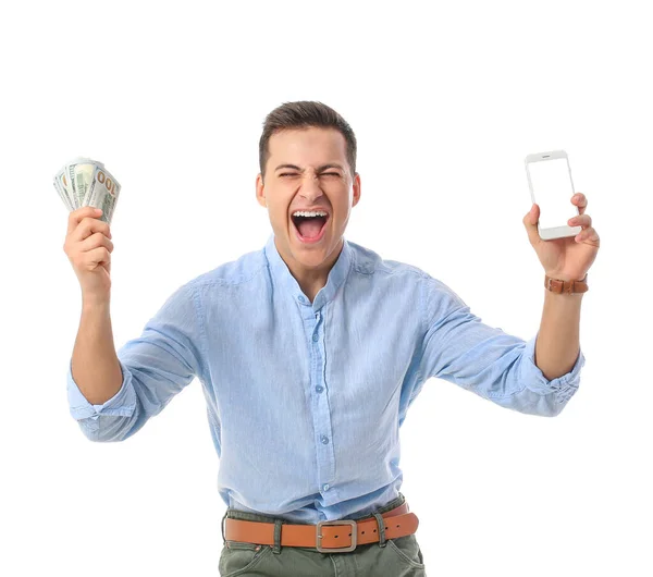 Homem Feliz Com Telefone Celular Dinheiro Fundo Branco Conceito Aposta — Fotografia de Stock