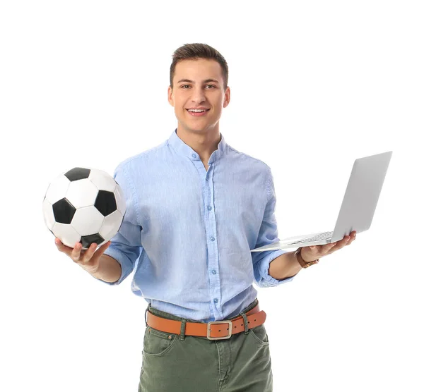 Young Man Soccer Ball Laptop White Background Concept Sports Bet — Stock Photo, Image