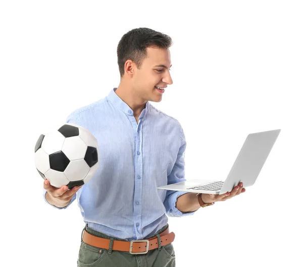 Молодой Человек Футбольным Мячом Ноутбуком Белом Фоне Концепция Спортивного Пари — стоковое фото