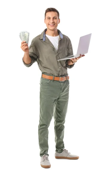 Jovem Com Laptop Dinheiro Fundo Branco Conceito Aposta Desportiva — Fotografia de Stock