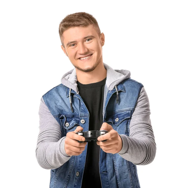 Junger Mann Mit Spielkissen Auf Weißem Hintergrund — Stockfoto