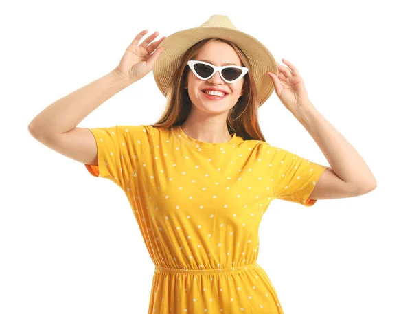 Beautiful Woman Stylish Sunglasses White Background — Stock Photo, Image