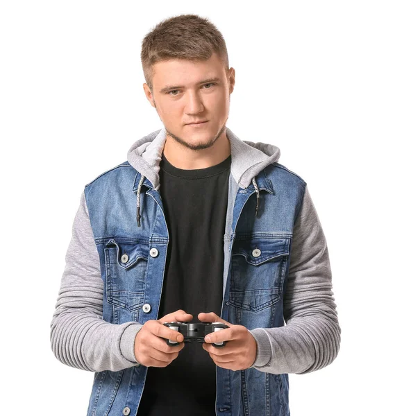 Young Man Game Pad White Background — Stock Photo, Image