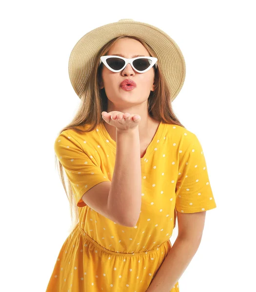 Beautiful Woman Stylish Sunglasses Blowing Kiss White Background — Stock Photo, Image