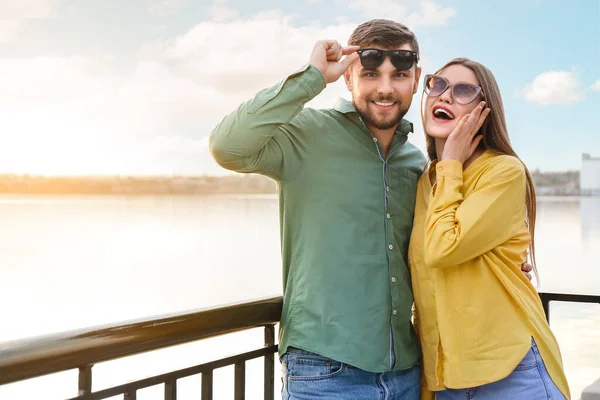 Young Couple Stylish Sunglasses Outdoors — Stock Photo, Image