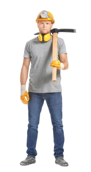 Miner Man Pick Axe White Background — Stock Photo, Image