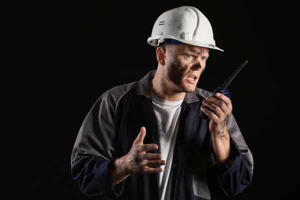 Miner Man Two Way Radio Dark Background — Stock Photo, Image