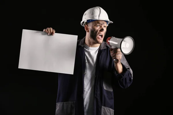 Miner Man Megaphone Placard Dark Background — Stock Photo, Image