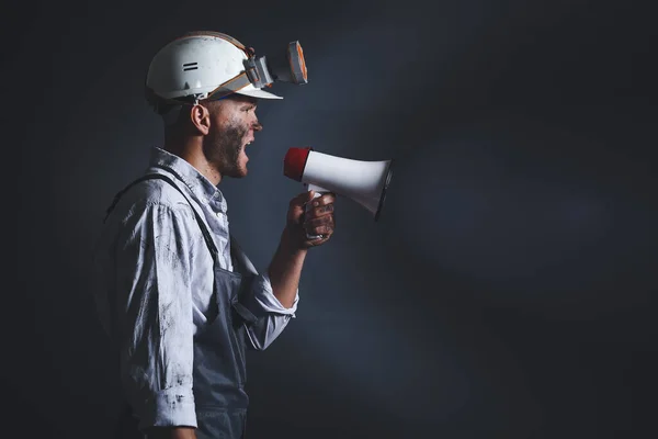 Protesting Miner Man Megaphone Dark Background — Stock Photo, Image