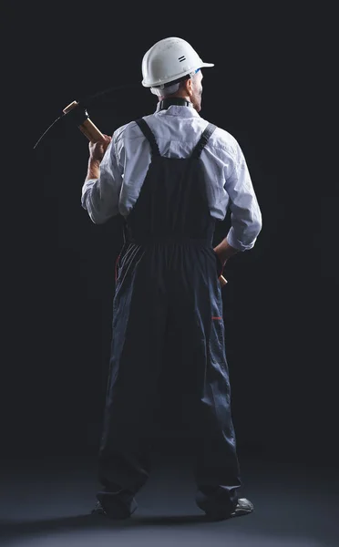 Miner Man Pick Axe Dark Background — Stock Photo, Image