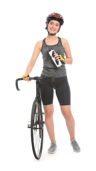 Female Cyclist Bicycle Drinking Water White Background — Stock Photo, Image