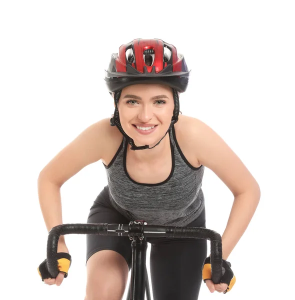 Beyaz Arka Planda Bisiklete Binen Kadın Bisikletçi — Stok fotoğraf