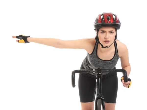 Female Cyclist Riding Bicycle White Background — Stock Photo, Image