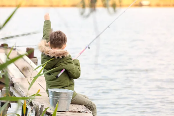 Little Boy Fishing River — Stock Photo, Image