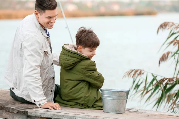 Little Boy His Father Fishing River — Stock Photo, Image