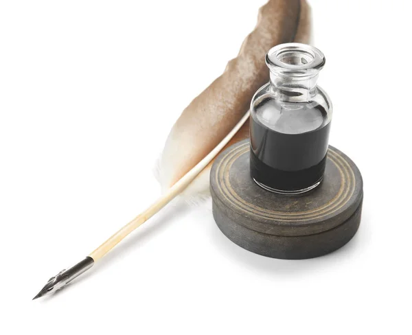 Feather Pen Inkwell White Background — Stock Photo, Image