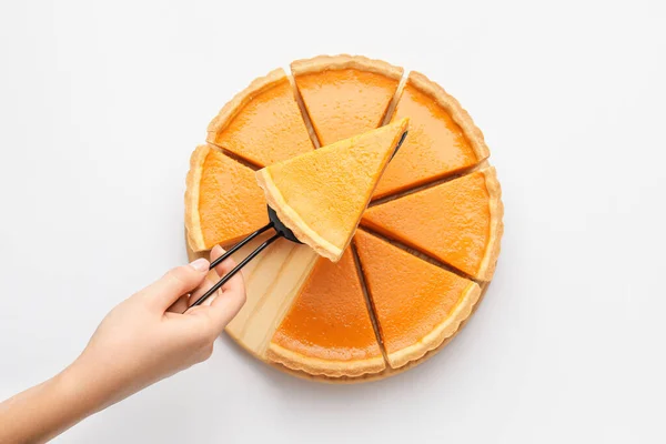 Female Hand Spatula Tasty Cut Pumpkin Pie White Background — Stock Photo, Image