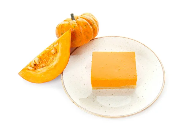 Plate Piece Tasty Pumpkin Pie White Background — Stock Photo, Image