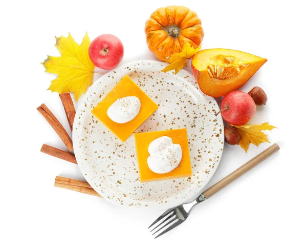 Plate Pieces Tasty Pumpkin Pie White Background — Stock Photo, Image