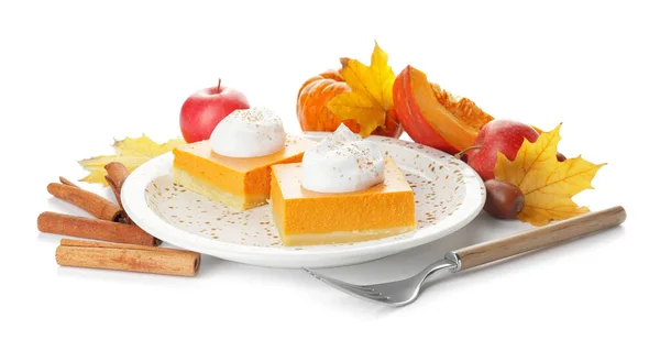 Plate Pieces Tasty Pumpkin Pie White Background — Stock Photo, Image