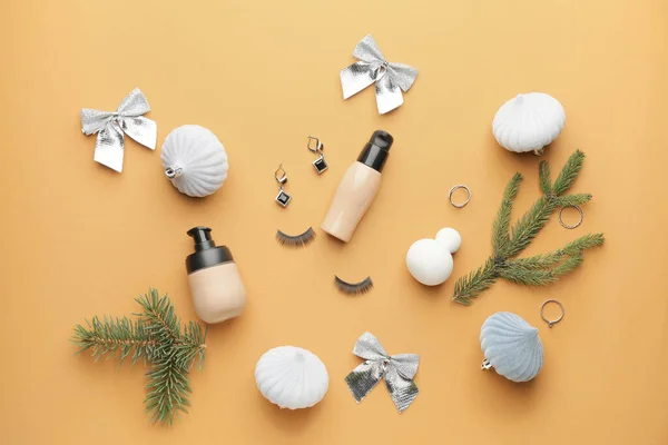 Jul Sammansättning Med Kosmetika Färg Bakgrund — Stockfoto