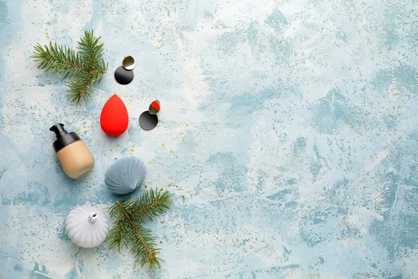 Christmas Composition Cosmetics Color Background — Stock Photo, Image