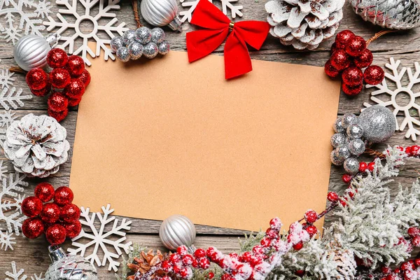 Beautiful Christmas Composition Blank Card Wooden Background — Stock Photo, Image