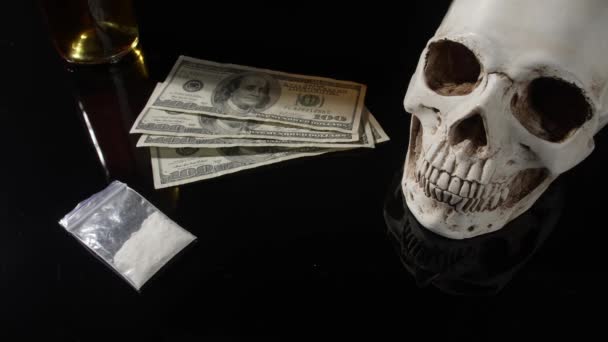 Putting Different Drugs Money Human Skull Dark Table — Stock Video